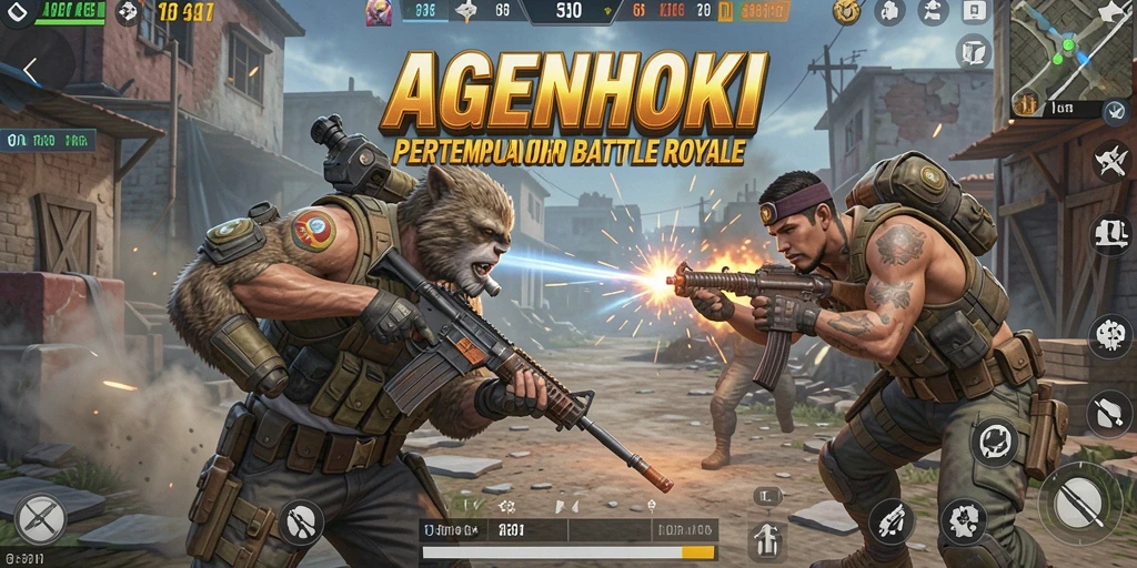 Screenshot gameplay AGENHOKI menampilkan aksi pertempuran mendebarkan di medan perang.