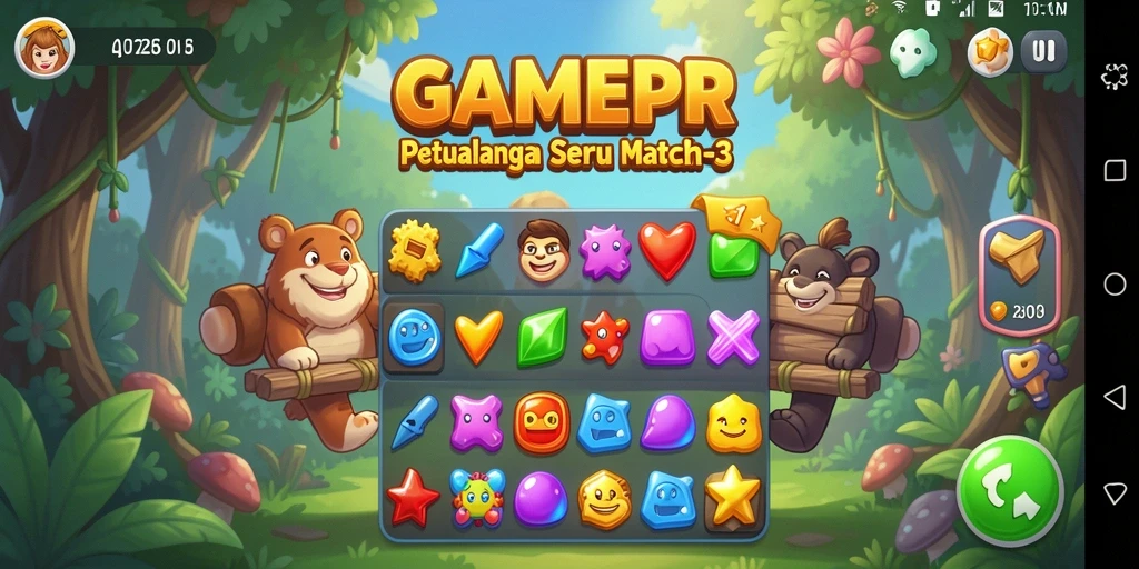 Screenshot gameplay GAMERP menampilkan permainan Match-3 yang seru dan penuh warna.