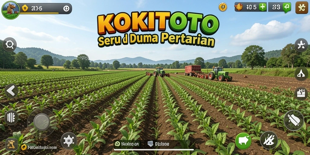 Tampilan gameplay menawan KOKITOTO dengan ladang yang subur dan hewan ternak.