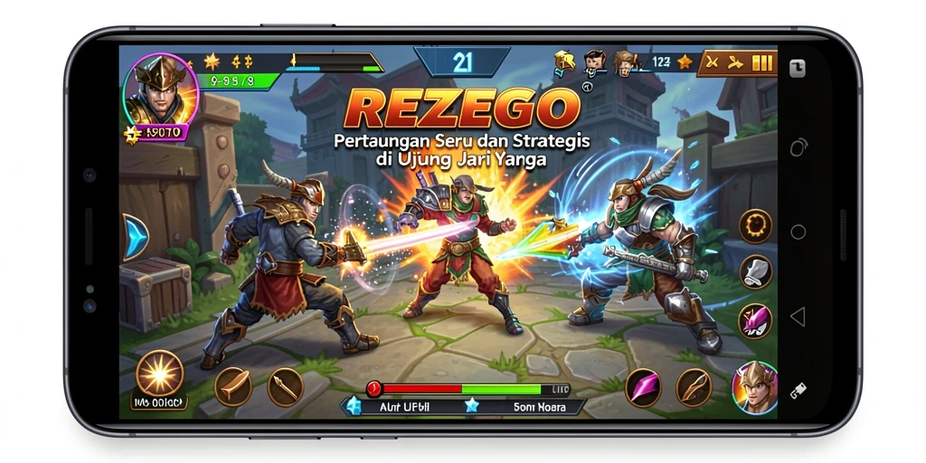 Gameplay REZEGO yang mendebarkan dan penuh aksi pertarungan.