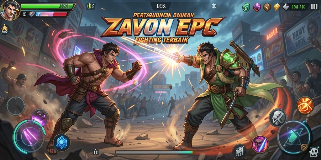 Screenshot ZAVONZO menampilkan pertarungan seru antara karakter di arena.